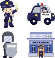 Policeman with whistle and car.Cute police man sticker illustration icon. vector