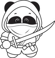 Coloring book with ninja panda. Illustration of cute panda costume icon. vector