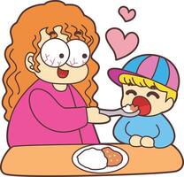Mom feed the boy. The theme of this card design is Mothers Day. vector