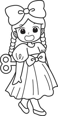 Outlne of girl with doll costume. Coloring pages of kids costume in halloween party.