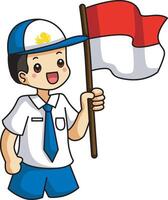 A boy with Middle School bring a flag. Banner of Indonesian Independence Day with text Dirgahayu Indonesia 17 August and image of people holding the flag vector