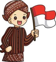 Boy wearing a java outfit bring a flag. Banner of Indonesian Independence Day with text Dirgahayu Indonesia 17 August and image of people holding the flag vector