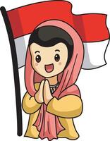 A girl wearing Jakarta outfit icon. Banner of Indonesian Independence Day with text Dirgahayu Indonesia 17 August and image of people holding the flag vector