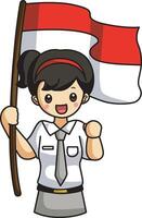 Gril with high school uniform bring a flag. Banner of Indonesian Independence Day with text Dirgahayu Indonesia 17 August and image of people holding the flag vector