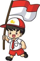 A son with elemetary school uniform bring a flag. Banner of Indonesian Independence Day with text Dirgahayu Indonesia 17 August and image of people holding the flag vector