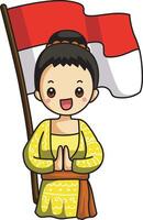 A bali outfit with flag. Banner of Indonesian Independence Day with text Dirgahayu Indonesia 17 August and image of people holding the flag vector