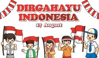 Banner of Indonesian Independence Day with text Dirgahayu Indonesia 17 August and image of people holding the flag and happy. vector