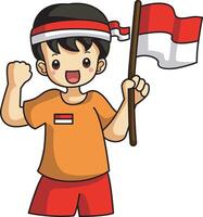 A man bring a flag. Banner of Indonesian Independence Day with text Dirgahayu Indonesia 17 August and image of people holding the flag vector