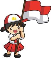 A girl bring a flag. Banner of Indonesian Independence Day with text Dirgahayu Indonesia 17 August and image of people holding the flag vector