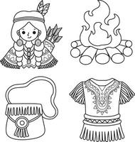 Outline of mother and fire place of indiana. Illustration icon of indian tribes. vector