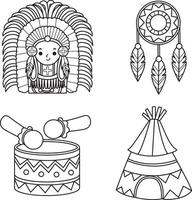 Coloring pages of drum and decoration of indiana costume. Illustration icon of indian tribes. vector
