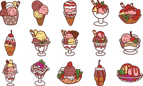 Variation of ice cream in the cup and cone icon. vector