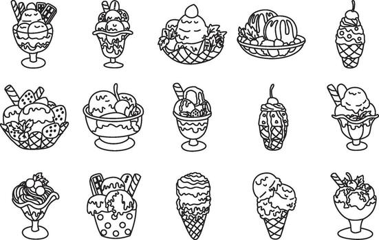 Coloring book of Variation of ice cream in the cup and cone icon. vector