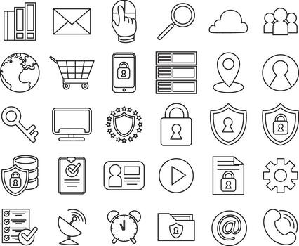 Outline of General Data Protection Regulation icon set, secure privacy elements vector