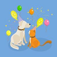3D Isometric Flat Illustration of Pets Birthday Event, Joyful Cat And Dog Celebrate Together With Balloons And Garland vector