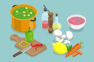 3D Isometric Flat Illustration of Delicious Vegetarian Soup, Cooking at Home vector