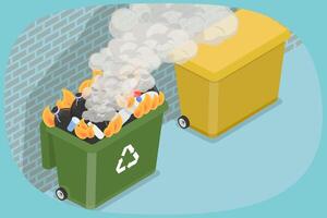 3D Isometric Flat Illustration of Burning Garbage, Fire in a Trash Can vector