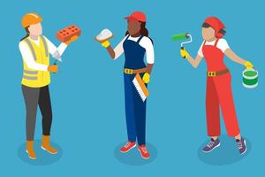 3D Isometric Flat Illustration of Female Repairman , Painter Professional at Work vector