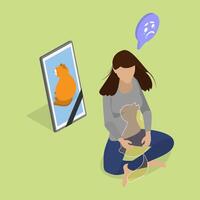 3D Isometric Flat Illustration of A Woman Misses Here Cat, Mourning Frame with Lovely Pet vector