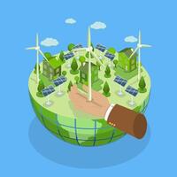 3D Isometric Flat Illustration of Renewable Energy, Innovative Power Generation With Solar Panels And Wind Turbines vector