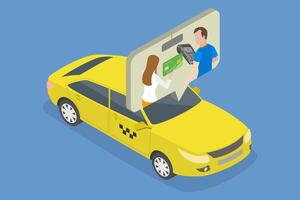 3D Isometric Flat Illustration of Cab Driver With Terminal, Paying For A Taxi Ride vector