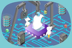 3D Isometric Flat Illustration of Industry 4.0, Automated Robotic Arms Assembling Cyborg Head vector