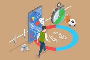 3D Isometric Flat Illustration of Daily Footsteps, Person Tracking Steps With Smartphone vector