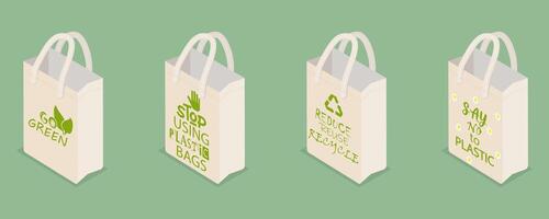 3D Isometric Flat Illustration of Eco-friendly Bags, Sustainable Shopping And Reusable Packaging vector