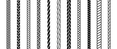 Repeating rope set. Seamless hemp cord line collection. Black chain, braid, plait stripe bundle. Vertical decorative plait pattern pack. Marine twine design elements for banner, poster, frame vector