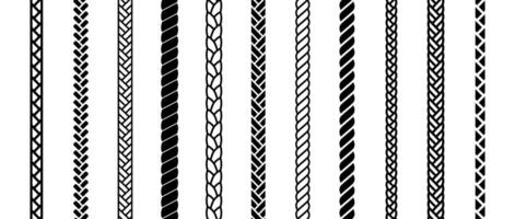 Repeating rope set. Seamless hemp cord lines collection. Black chain, braid, plait stripe bundle. Vertical decorative plait pattern pack. Marine twine design elements for banner, poster, frame vector