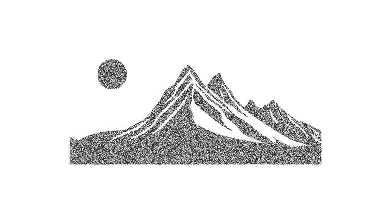 Grain stippled mountain range. Dotted landscape terrain silhouette. Black white grainy hill chain. Grunge scenery background. Textured mount view wallpaper. Noise dot work style illustration