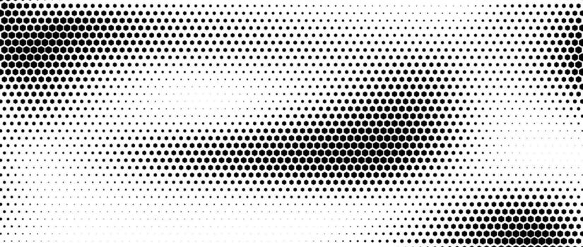 Hexagon halftone gradient texture. Abstract black and white hex gradation background. Geometric retro tech wallpaper. Fading hexagonal pattern backdrop. Vanishing honeycomb grunge overlay vector