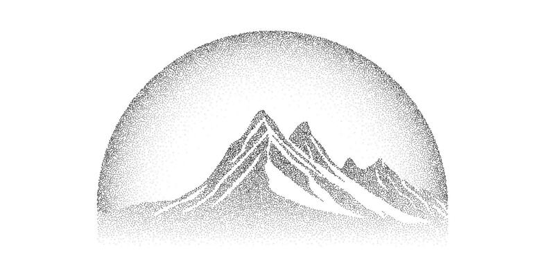 Grain stippled mountain range. Dotted landscape terrain silhouette. Black white grainy hill chain. Grunge scenery background. Textured mount view wallpaper. Noise dot work illustration