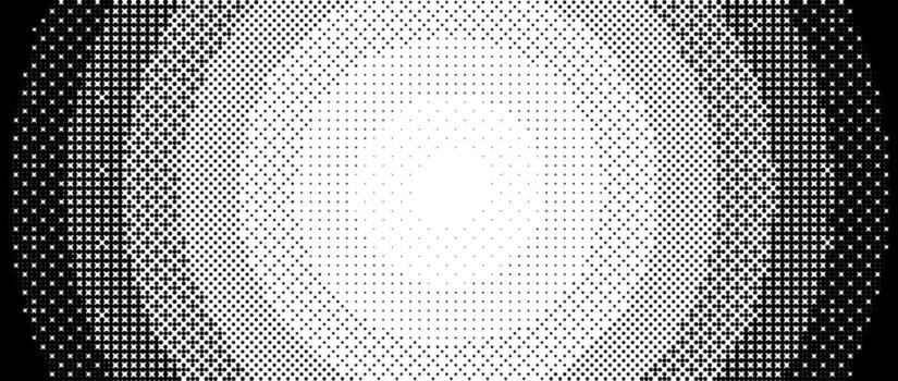 radial pixelado degradado textura. negro y blanco vacilante redondo gradación. retro circulo mapa de bits juego antecedentes. trama de semitonos 8 poco fondo de pantalla. Clásico píxel Arte. cubrir fondo vector