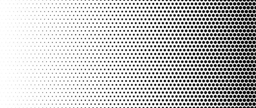 Hexagon halftone gradient texture. Abstract black and white hex gradation background. Geometric retro tech wallpaper. Fading hexagonal pattern backdrop. Vanishing honeycomb overlay vector