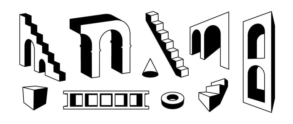 Set of line stairs and arches in perspective. Outline surreal geometric element collection. Bold 3d arc door, ladder, staircase, gate bundle. Trippy shapes for collage, poster, banner, sticker