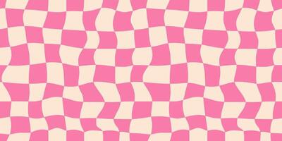 Seamless red checkerboard pattern. Repeating distorted checkered texture. Groovy trippy abstract background. Vintage retro style wallpaper for textile, fabric, wrapping paper. Check surface vector