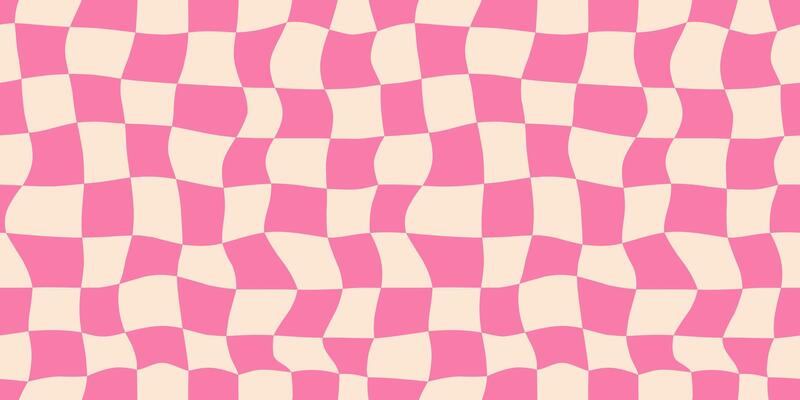 Seamless red checkerboard pattern. Repeating distorted checkered texture. Groovy trippy abstract background. Vintage retro style wallpaper for textile, fabric, wrapping paper. Check surface