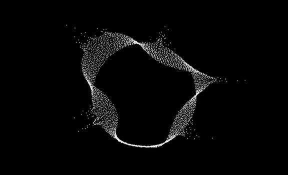 White dotted wavy lines with dissolve effect. Stipple disintegrating curved circle on black background. Halftone textured sphere with noise grain. Grunge dispersing particles, speckles vector