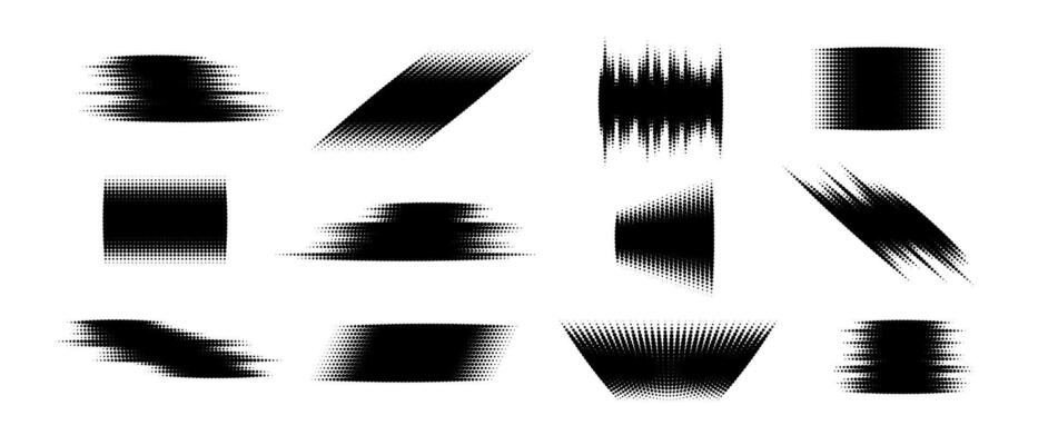 Halftone glitch element set. Dotted textured geometric form collection. Grunge abstract halftone shapes for background, banner, poster, collage, overlay, label, tag. Distressed distorted pack