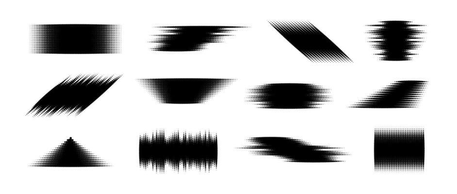 Halftone glitch element set. Dotted textured geometric form collection. Grunge abstract halftone shapes for background, banner, poster, collage, overlay, label, tag. Distress distorted pack