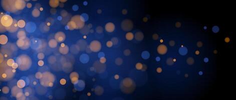 Blurred gold bokeh on blue background. Golden blurred effect wallpaper. Abstract shiny glitter, sparks, dust, sparkles. Glowing navy backdrop for Christmas, New Year or birthday card, banner. vector