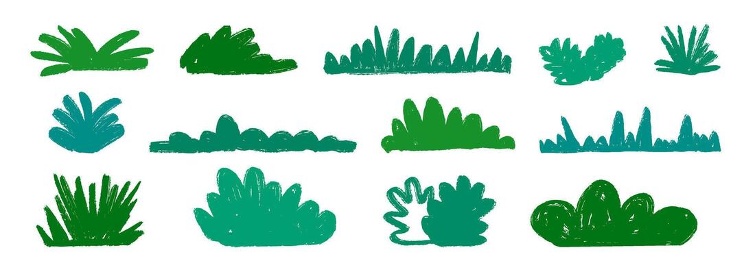 Hand drawn bushes and grass collection. Green crayon shrubbery set. Doodled shrub and tree shapes bundle. Pencil sketched foliage elements. Scribbled cartoon green plants pack