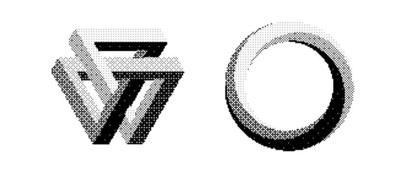 Bitmap impossible shapes set. Dither halftone geometric objects collection. Black textured triangle, circle, square elements for banner, poster, leaflet. Pixelated 3d raster effect bundle. vector