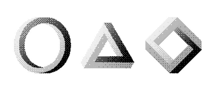 Bitmap impossible shapes set. Dither halftone geometric objects collection. Black textured triangle, circle, square elements for banner, poster, leaflet. Pixelated 3d raster effect bundle vector