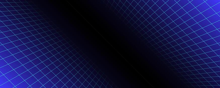 Blue glowing neon wireframe background. Shining checkered diagonal grid planes in perspective. Retro futuristic depth wallpaper. Arcade game sci fi matrix surface backdrop for poster, banner. vector