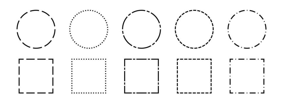 Black dashed frame collection. Dashed outline circle and square border set. Geometric dotted rectangular and round shape pack. Outline cut out element design bundle for poster, banner, flyer. vector