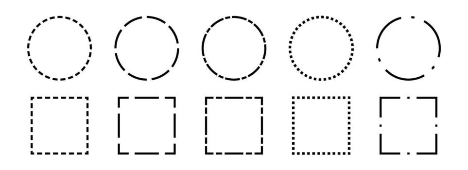 Black dashed frame collection. Dashed outline circle and square border set. Geometric dotted rectangular and round shape pack. Outline cut out element design bundle for poster, banner, flyer vector