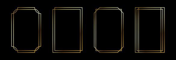 Thin golden frame set. Gold geometric border collection in art deco style. Thin linear shining rectangular shape bundle. Brass glowing shiny boarder element pack for photo, cadre, poster, card. vector