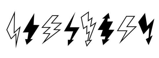 Black and white lightning bolts set. Thunder bolt symbols collection. Flash thunderbolt elements pack for poster, banner, graphic design, card. Strike arrow signs bundle. vector